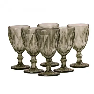 [4821000160732] Wine glass tall figured with thick glass set set of 6 pcs green