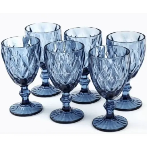 [4821000160749] Wine glass tall figured with thick glass set set of 6 pcs blue