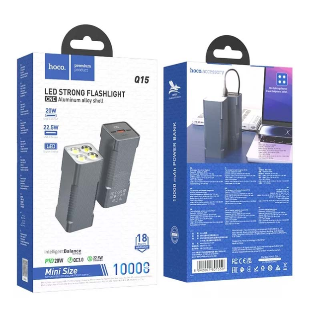 [44184] Павербанк Hoco Q15 10000mAh PD 22.5W з ліхтарем чорний
