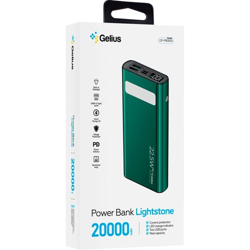 [99033] Gelius Lightstone GP-PB300I 20000Mah QC+PD 22.5W Green