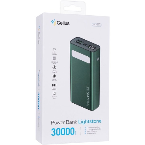 [90465] Павербанк Gelius Lightstone GP-PB300 30000mAh QC+PD 22.5W Green 