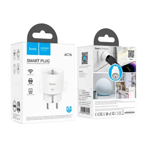 [6942007616959] Розумна Wi-Fi-розетка Hoco AC16 Veloz 10A/2,4 GHz/802.11 b/g/n (EU/GER) (Білий)