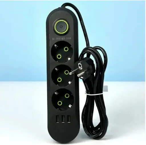 [4821000194935] Підовжувач UA Power F03U на 3 розетки + 3USB 2м (Чорний)