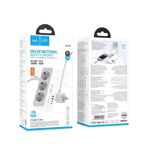 [47718] Сітковий зарядний пристрій Hoco AC23 2 USB/2 Type-C PD 65W 3 розетки 2m white