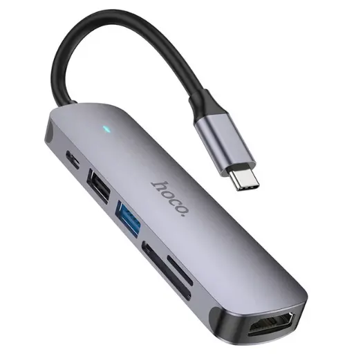 [37926] USB Hub Hoco HB24 (HDMI+USB3.0+USB2.0+SD+TF+PD) темно-сріблястий
