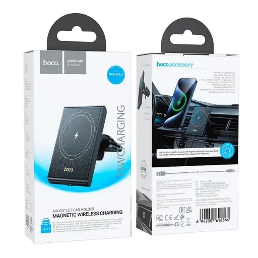 [45335] Автотримач Hoco HW19 магнітний з бездротовою зарядкою 15W black