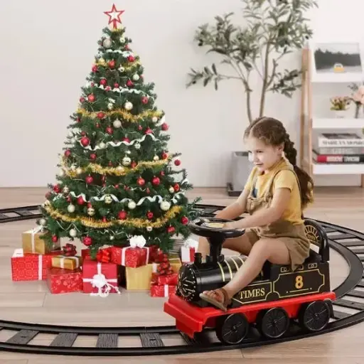 [77715993] Retro Train Ride-On children's electric locomotive with tracks