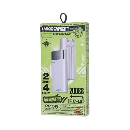 [52243] Power bank Remax FC-12 20000mAh 22.5W PD+QC + кабель Type-C/ Lightning, с фонариком,Білий